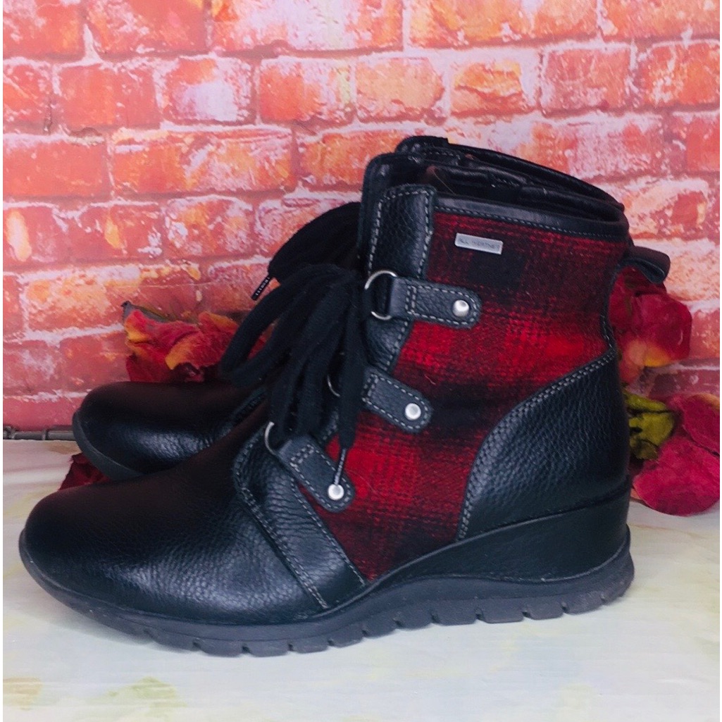 Bionica Red And Black Plaid Water Resistant Leather Ankle Booties
